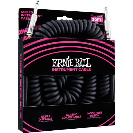 Cable Jack spirale Ernie Ball 9 metres noir